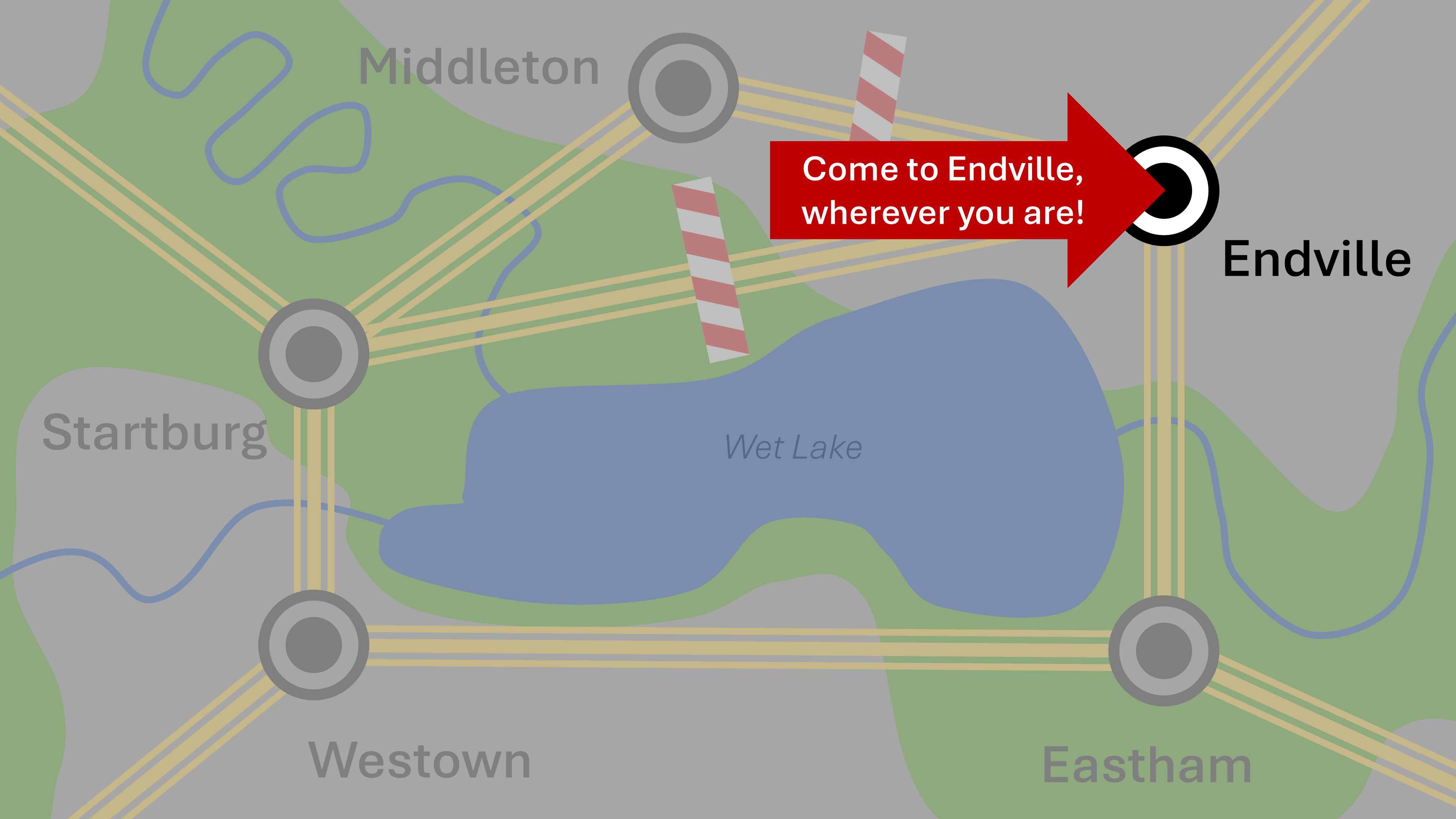 Destination: The original map modified with everything shaded except Endville, with a red arrow pointing to it and saying "Come to Endville, wherever you are!"